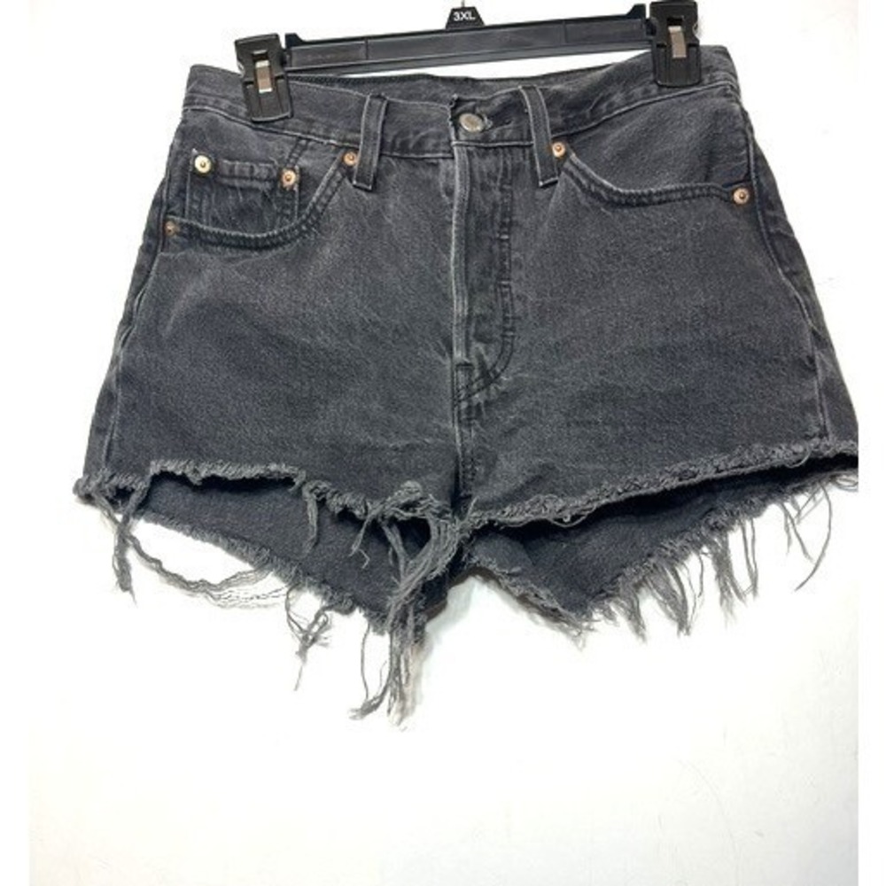 Levis 501 High Rise Distressed Denim Shorts Black Cut Off Button Fly W26